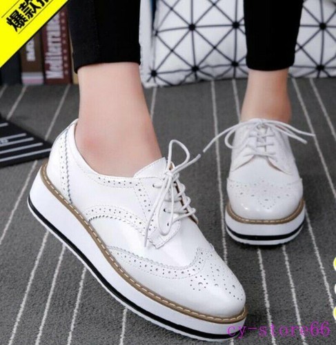 Shiny Fashion Women Brogue Leather Mid Platform wedge Heel Creeper Wingtip Shoes - Picture 3 of 12