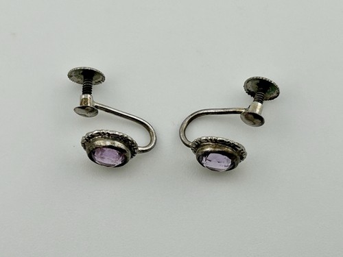 Shiptone Schraubverschluss Sterlingsilber 6 mm Amethyst Ohrringe 1930er Vintage 3/8 "Durchmesser Gesicht