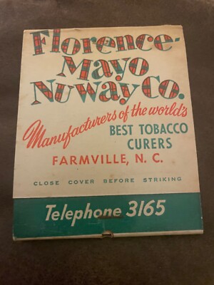 1956 Farmville NC Match Matchbook Florence Mayo Nuway Tobacco NOS