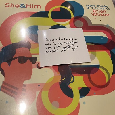 SHE & HIM  SIGNED POLAROID + MELT AWAY TRIBUTE TO BRIAN WILSON  YELLOW VINYL