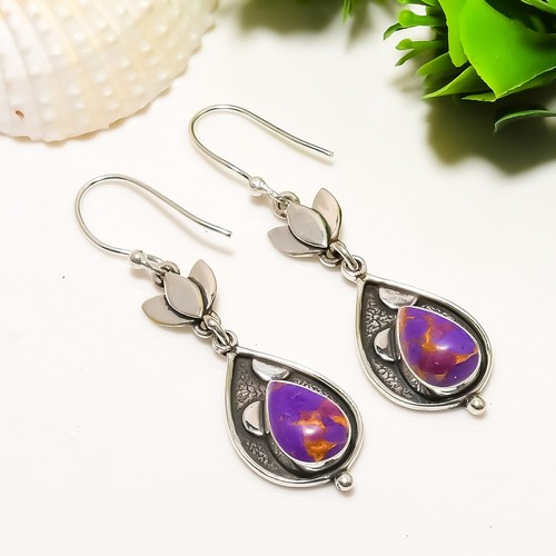 Copper Purple Turquoise Gemstone 925 Sterling Silver Earring, Oxidized Earring - Picture 2 of 4