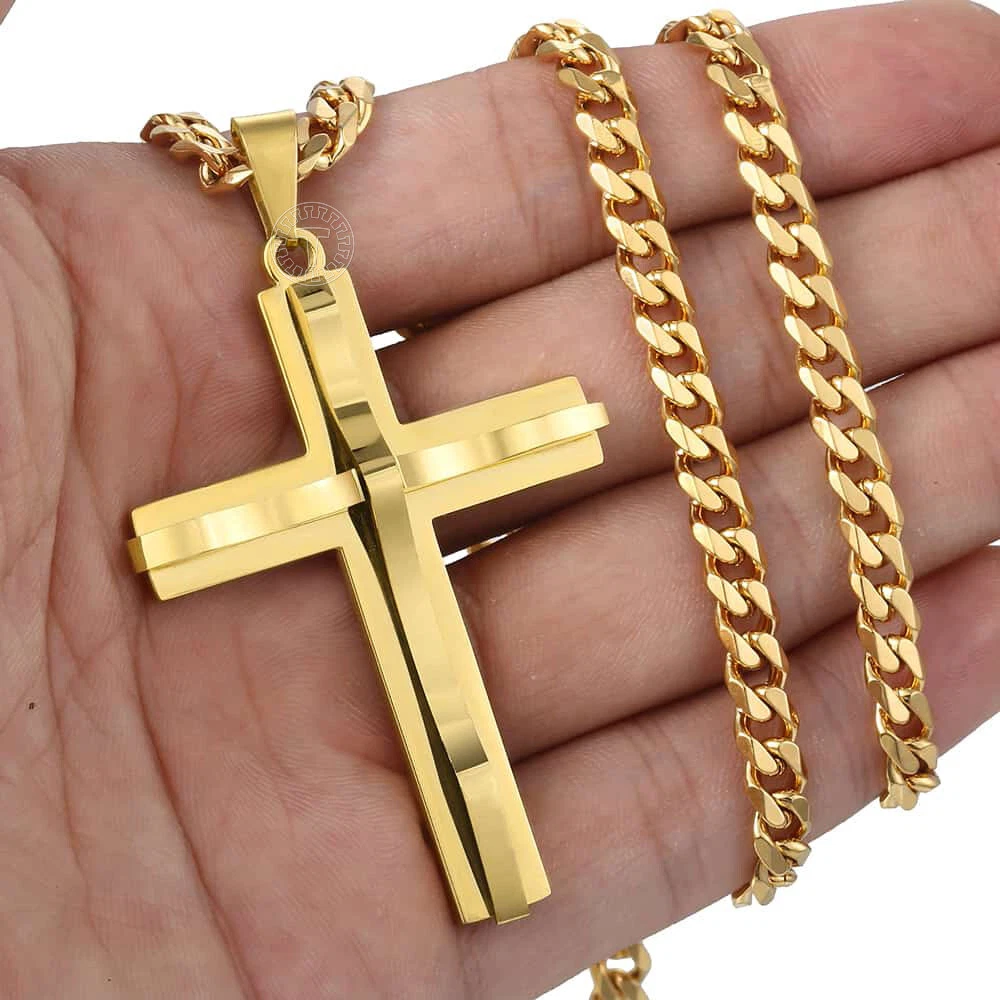Philip Jones Collana Uomo Con Croce In Acciaio Inox Placcato Oro - Gioiello Elegante In Sacchetto Regalo