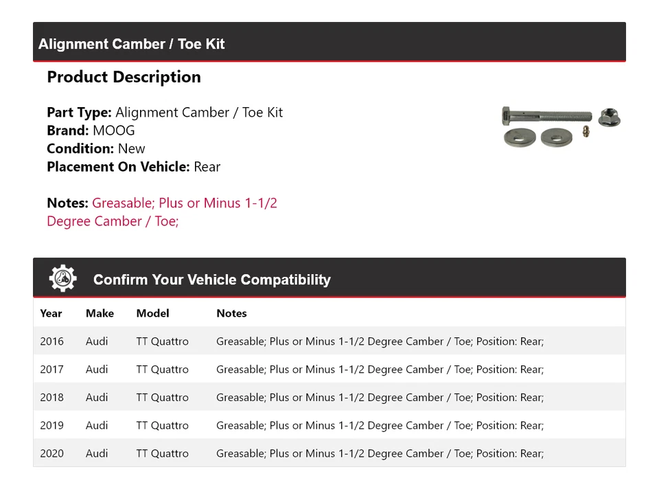 Kit de inclinación/puntera trasera MOOG 2016-2020 para Audi TT Quattro 2016 2017 Foto 2 de 4