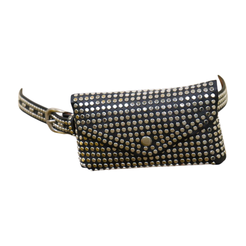 Women Black Faux Leather Hip High Waist Belt + Wallet Clutch Bag Silver Stud S M