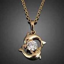 1.50 CT Round Cut Real Moissanite Couple Dolphin Pendant 14K Yellow Gold Finish