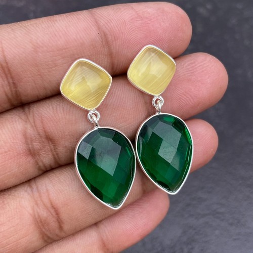 925 Sterling Silver Green Emerald Yellow Monalisa Faceted Teardrop Bezel Set Ear - Picture 5 of 6