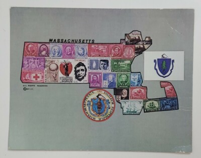 Postcard Massachusetts Historical Commemorative Stamp Map USA B1