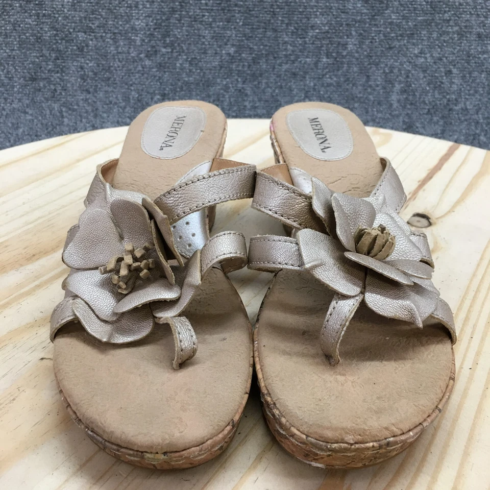 Merona Sandals Womens 8 Wedge Slides Brown Leather Casual Cork Flower Slip On - Image 4 of 4