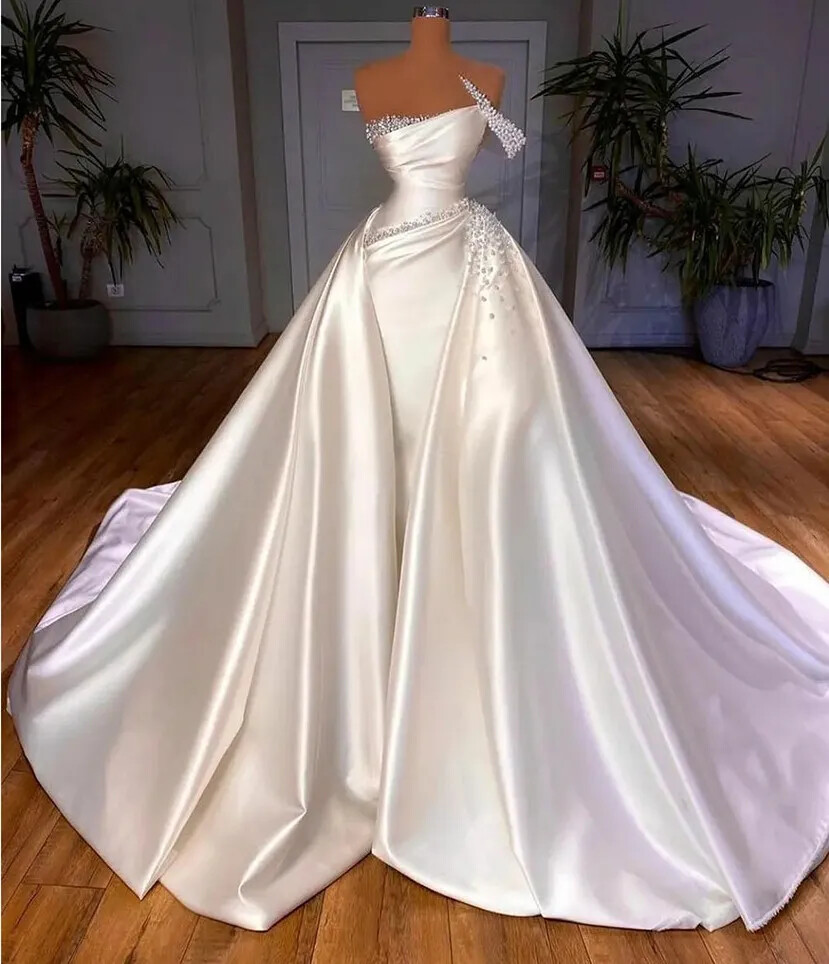 Retro White A-Line Church Wedding Dresses Satin One Shoulder Beading Bridal Gown | eBay Retro White A-Line Church Wedding Dresses Satin One Shoulder Beading Bridal Gown | eBay