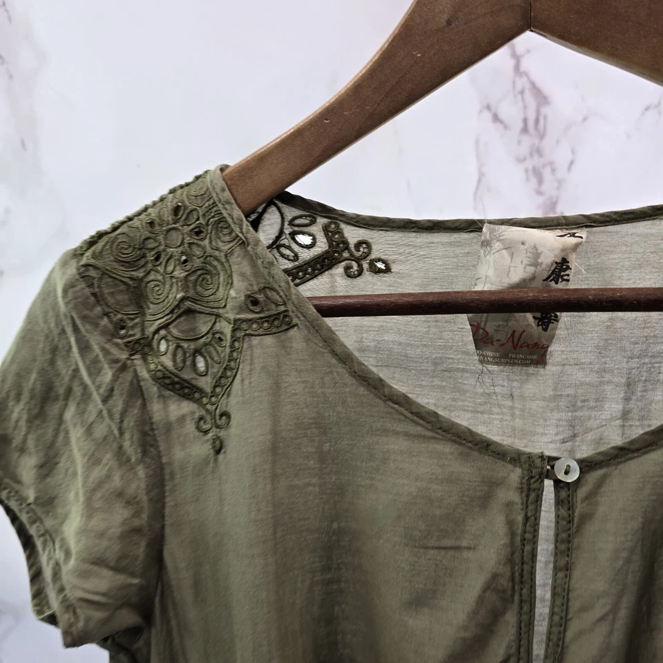 Camisa Da Nang Mujer XS Verde Blusa Ejército Oliva Bordada Cerradura Foto 2 de 4
