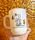 Vintage 1965 Fire King Peanuts Snoopy 'At Times Life Is Pure Joy' Milk Glass Mug