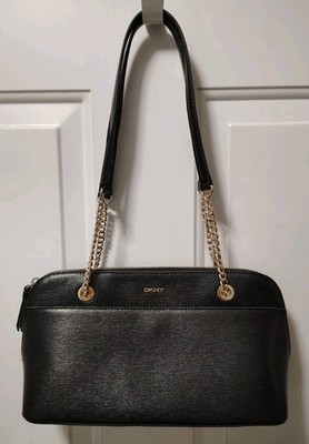 DKNY Maddison Medium TZ Satchel Black W/ Gold Chain Shoulder Strap EUC