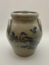Rockdale Union Stoneware 6 1/2” Crock w/Lid Cobalt Blue Salt Glaze 1989 Pottery