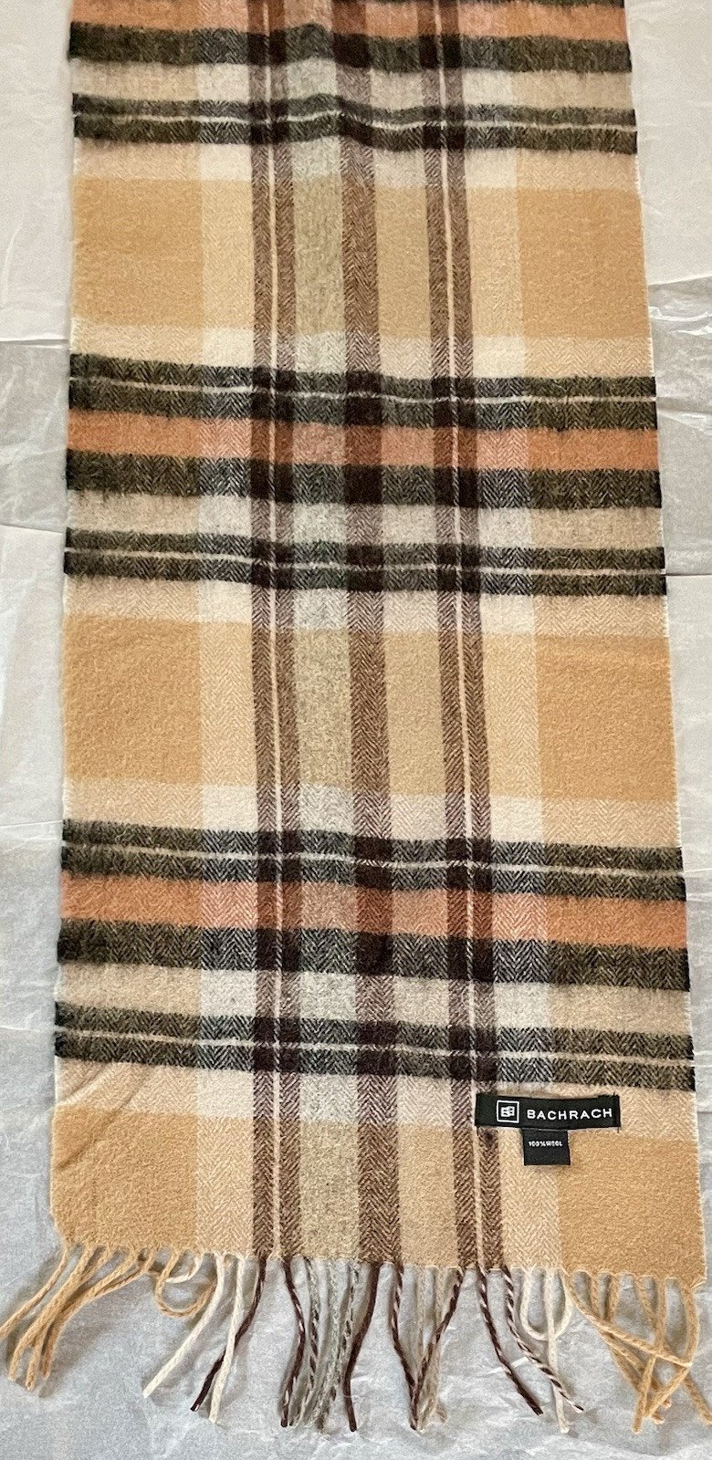 BACHRACH 100% WOOL Scraf  Designer Pattern Beige Cream Brown Orange Soft Luxury