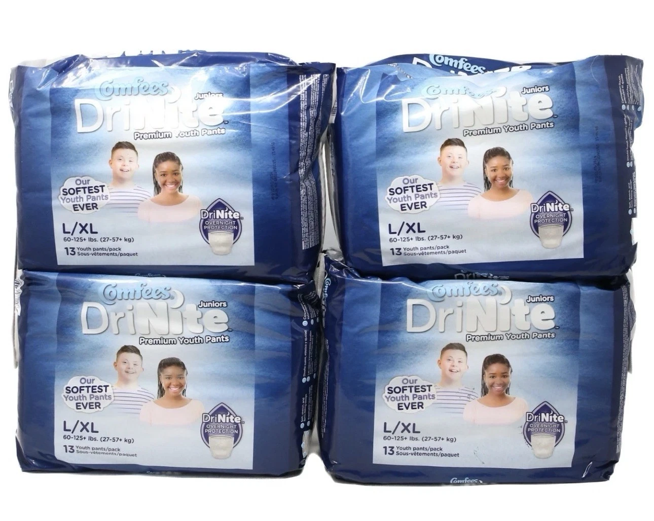 4 Pkgs qty 52 Comfees DriNite Juniors Youth Absorbent Underwear L/XL 60-125 lbs
