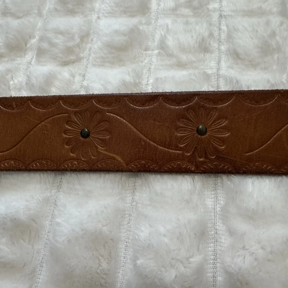 LINEA PELLE Mujer XL Cinturón Cuero Marrón con Hebilla Costuras Floral Boho Western Foto 3 de 4
