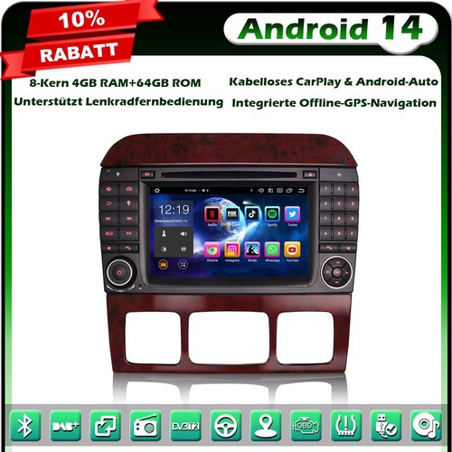 Radio Coche 8 Núcleos DAB+64GB Android 14 GPS Navi para Mercedes Clase S/CL W220 W215