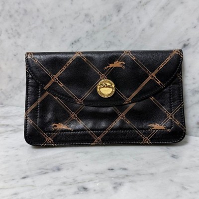 Longchamp Clutch Bag Leather Black Diamond Pattern Authentic Handbag
