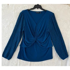 Susan Graver Occasions Blue Twist Tunic Top XL Shimmer Sleeves
