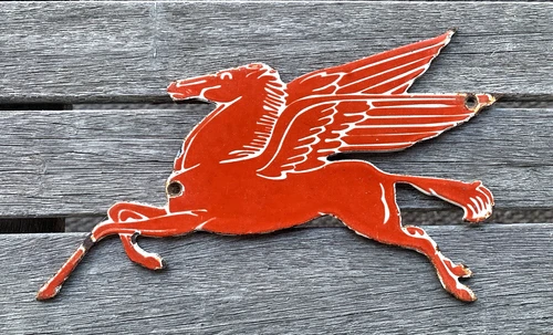 VINTAGE 8.5x5" MOBILGAS MOBILOIL RED PEGASUS GASOLINE PORCELAIN MOTOR OIL SIGN