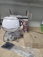NIB Vintage Old Stock Farberware White Enamel Fondue Set Never Used 