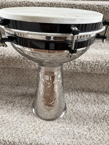 Vintage Metal Darbuka Hand Engraved Drum, Natural Head
