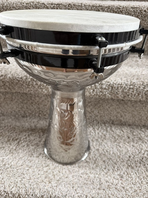 Vintage Metal Darbuka Hand Engraved Drum, Natural Head