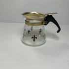 Vtg Pyrex glass small coffee carafe MCM w/ gold fleur-de-lis Pattern 4”