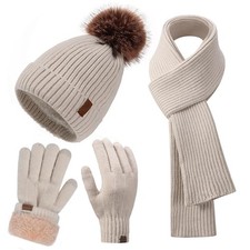 Womens Winter Beanie Hat Scarf and Gloves Set Girls Cable One Size, Beige