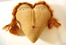 Primitive Handmade Cloth Heart Shaped Ladies Face Red Hair OOAK Folk Art Craft