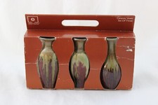 Set 3 Drip Glaze Ceramic Bud Vases Tan Brown Burgundy Art Elements Red Volcano