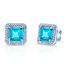 Asscher Cut Blue Topaz Diamond Stud Earrings 14K White Gold Square Natural