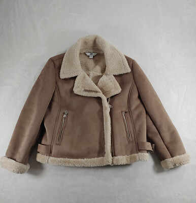 Dorothy Perkins Coat Womens UK 16 Beige Faux Suede Sherpa Lined
