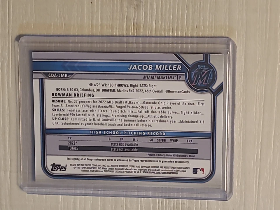 2022 Bowman Chrome Draft Jacob Miller 1st Chrome Prospect Auto Marlins  - Image 2 of 2