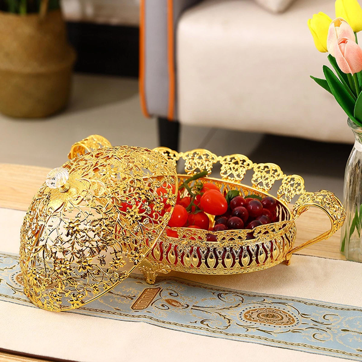 Metal Fruit Basket Bowl Table Organizer Decor Snack Serving Tray