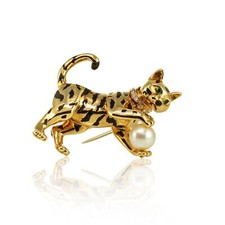 Cartier Enamel Cultured Pearl Diamond Emerald Cat Tiger Brooch 18K Yellow Gold