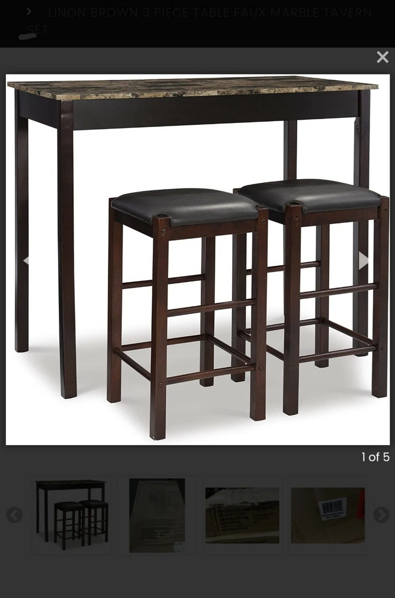 Linon Brown 3 Piece Table Faux Marble Tavern Set With Space Saving Features