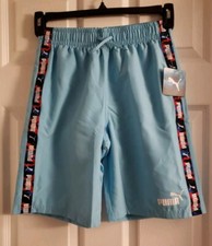 Puma Boy's Large Light Blue Logo Mesh Lined Drawstring Swim Trunks Shorts NWT