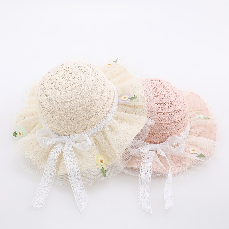 Baby Girls Straw Hat Floppy Wide Brim Sun Hat Lace Embroidered Beach Cap