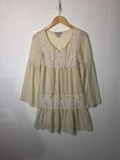 Feminine Cream Boho Lace Mini Dress with Bell Sleeves