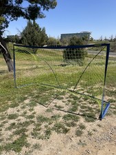 Primed Metal Soccer Goal Blue Frame Yellow Net Outdoor Depth