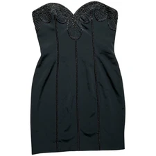 Vintage Oleg Cassini Black Tie Black Strapless Beaded Mini Cocktail Dress Sz 10