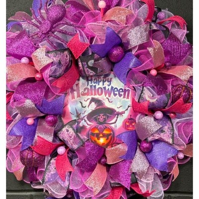 Halloween Witch Wreath Pink & Purple Handmade Deco Mesh 24 Inch