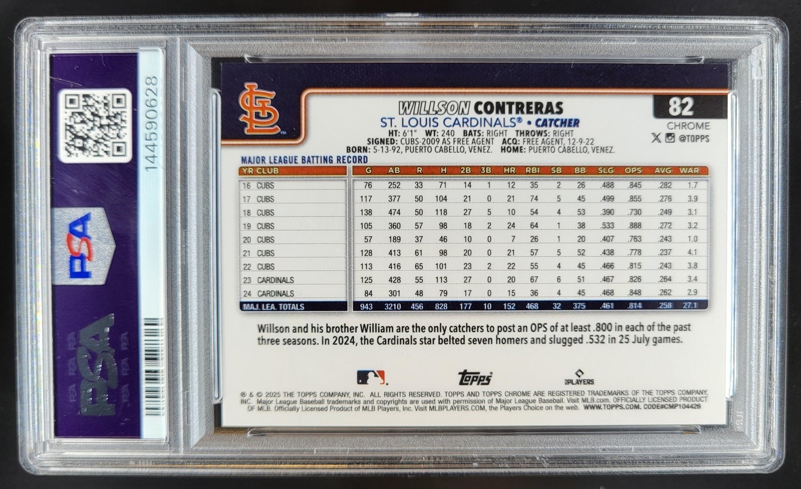2025 Topps Chrome Sapphire Willson Contreras Black Refractor /10 PSA 10 BH5 view 2