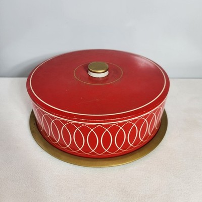 Mid Century Modern Red Gold Covered Cake Dessert Pastry Tin RETRO KITCHEN PARTY