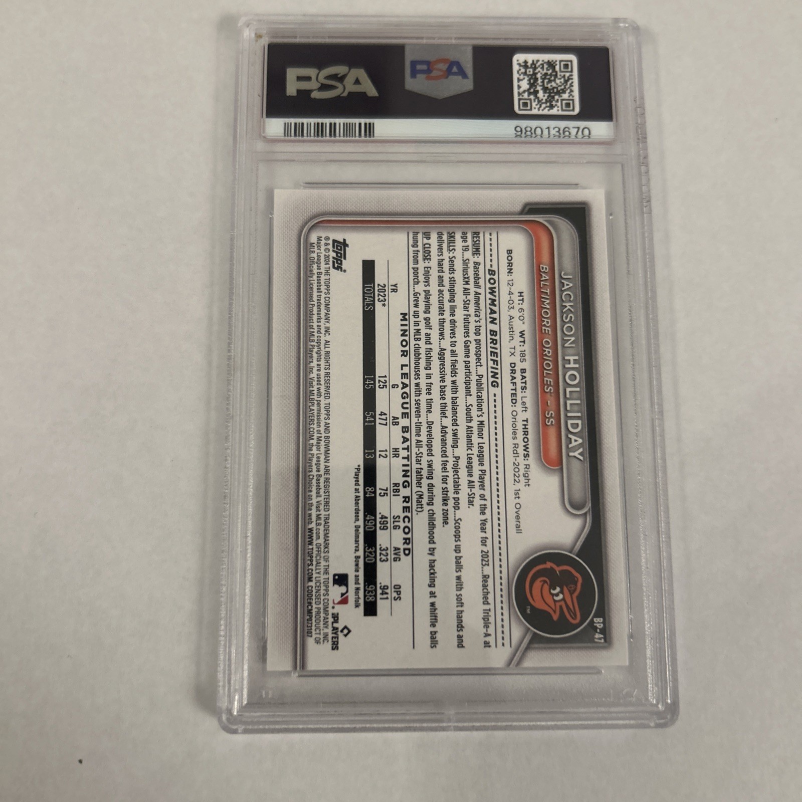 Bowman 2024 paper Prospects Jackson Holliday BCP-47 PSA 10 Orioles view 2