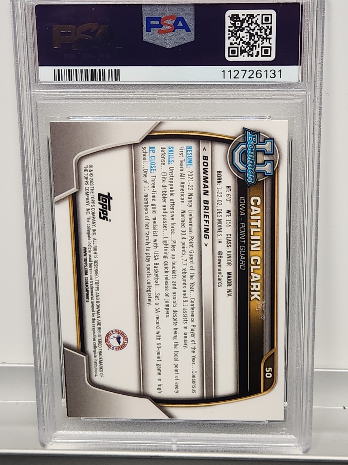2022-23 Bowman U 1ST Chrome - Caitlin Clark #50 (RC) PSA 10 view 2