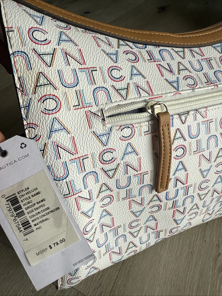 Bolso Nautica 12x9 Pulgadas Azul Marino Blanco Marrón HOBO Nuevo Con Etiqueta Raro Foto 3 de 4