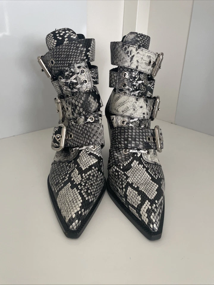 Jeffrey Campbell Caceres Grey Snake Print Buckle Ankle Booties Boots - 7.5 - Image 2 of 4