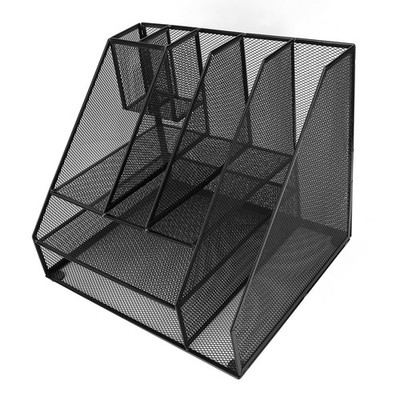 Office Desk Organizer Black Iron Mesh 3 Tier Paper Letter Tray 2 Pen Holder HOT